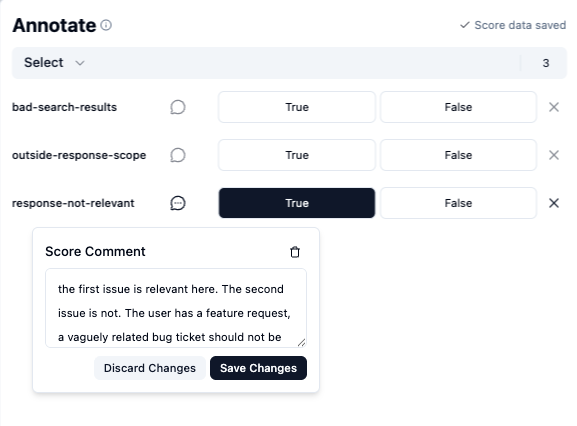 Annotating a trace with a score and comment in Langfuse